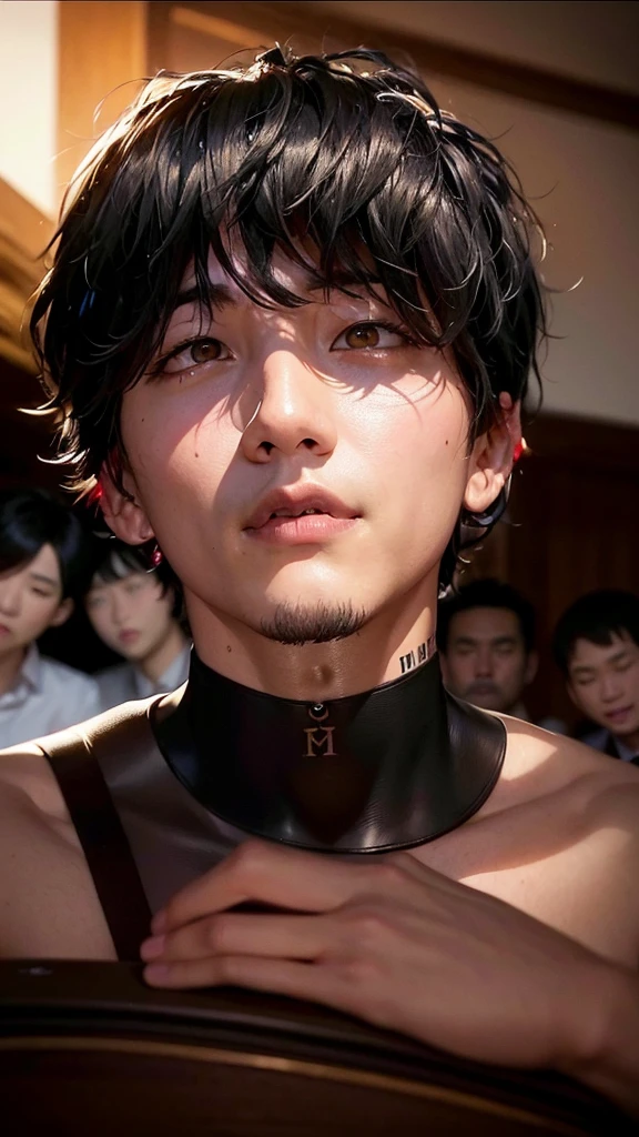 masterpiece, a japanese young male, short tiny man, (short hair:1.2),(screaming with pain:1.2),(peak sorrow:1.2),(peak emotion:1.2) in prison, he shed tears, crying like a baby, (beautiful eyes:1.1), (looking at viewer:1.2),sorrowful, despair, a bullwhip, collar with chains, nude,????? erected