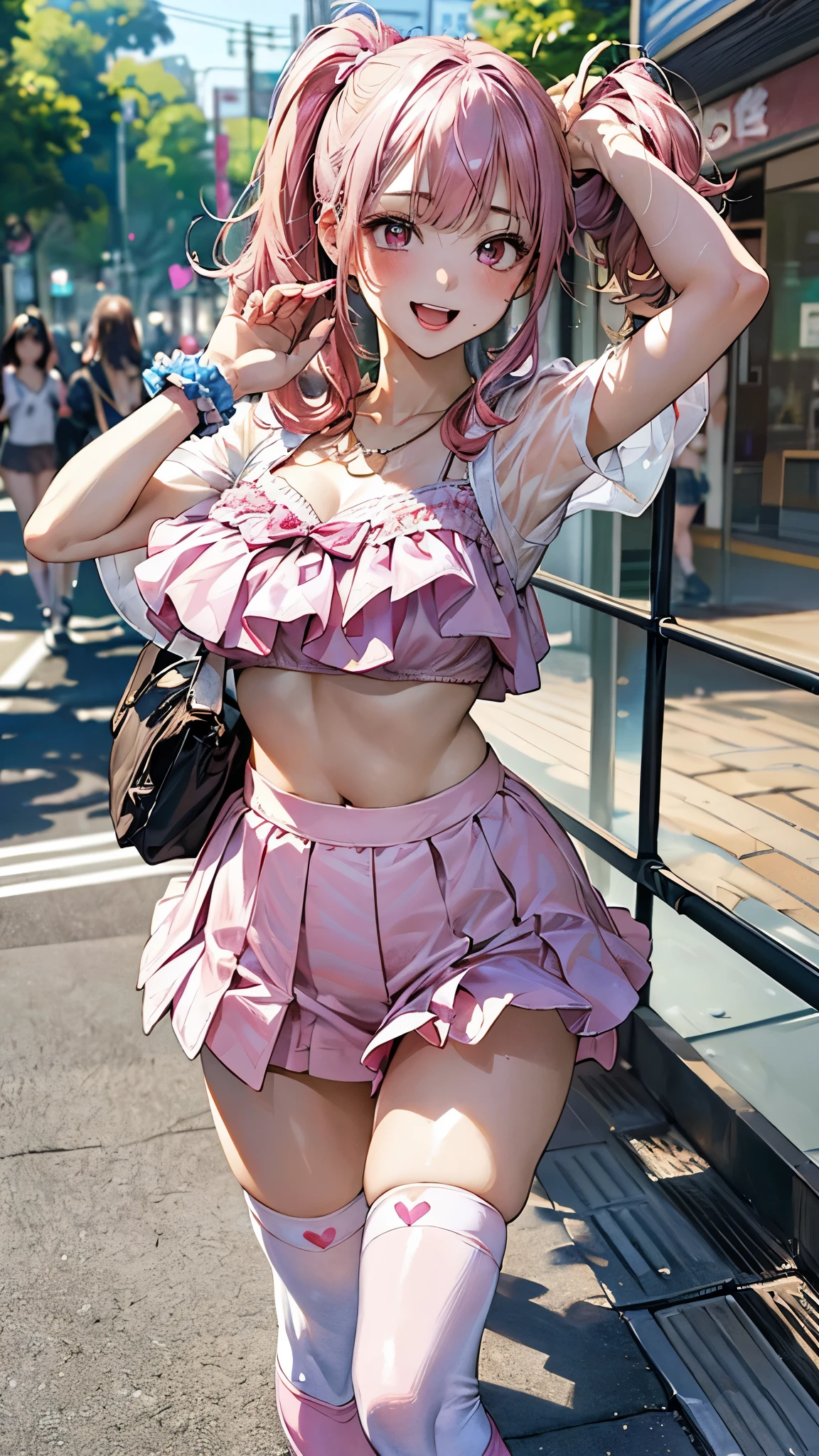 (Masterpiece, BestQuality:1.3), (ultra detailed:1.2), (hyperrealistic:1.3), (RAW photo:1.2), High detail RAW color photo, professional photograph, (Photorealistic:1.4), (realistic:1.4), professional lighting, perfect anatomy, (Big Breasts:1.2), (blush, detailed face), (cheerful Smile:1.5), (Pink Hair:1.5), Trending Hair&Trending Hairカラーをランダムに, earrings, necklace, bracelet, sexly, erotic sexly, Random sexy gravure poses, (A beautiful woman in a sexy cheerleader costume、Holding pom-poms on the ground、Capture the moment when you lift your leg high and jump。The short skirt and bra top are attractive。: 1.3)