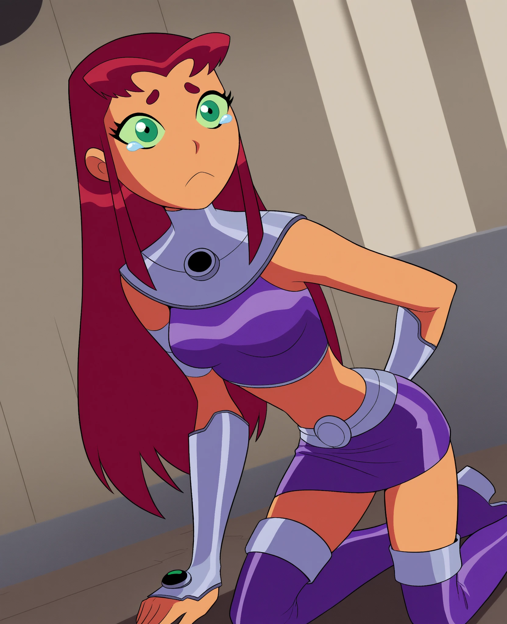 (((Starfire))), (bending over), (mini skirt), (boob window)