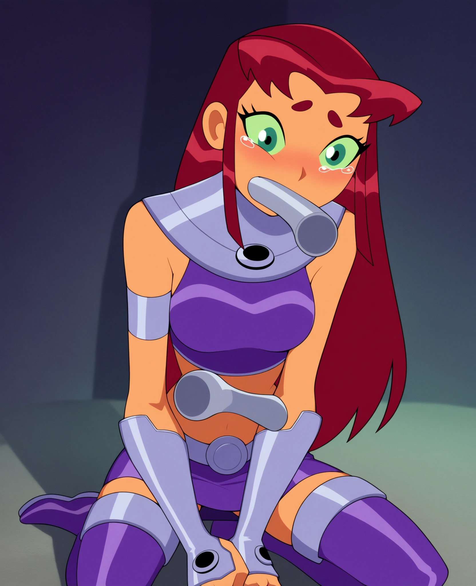 starfire, kneeling, red hair, green eyes, skinny, penis at face, teen titans, thigh boots, purple mifriff, purple skirt, cartoon style, ohxw, shota-boy, room