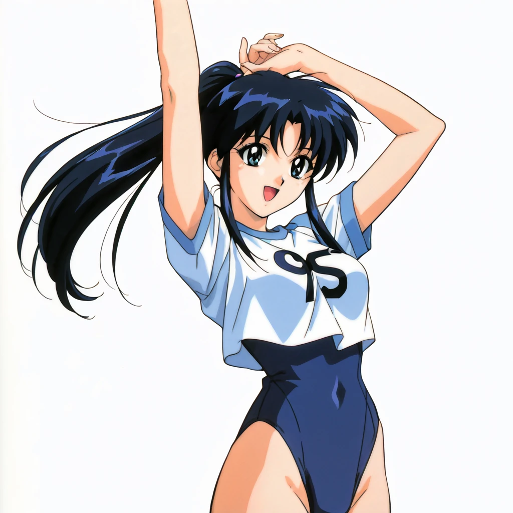 1990s \(style\),

1girl, bangs, bare shoulders, blue sky, bracelet, breasts, brown hair, cloud, cloudy sky, day, full body, green eyes, hair ornament, highleg, highleg swimsuit, jewelry, long hair, medium breasts, one-piece swimsuit, open mouth, outdoors, page number, retro artstyle, signature, simple background, sky, smile, solo, standing, swimsuit, twintails, wading, water

<lora:1990s:0.7>