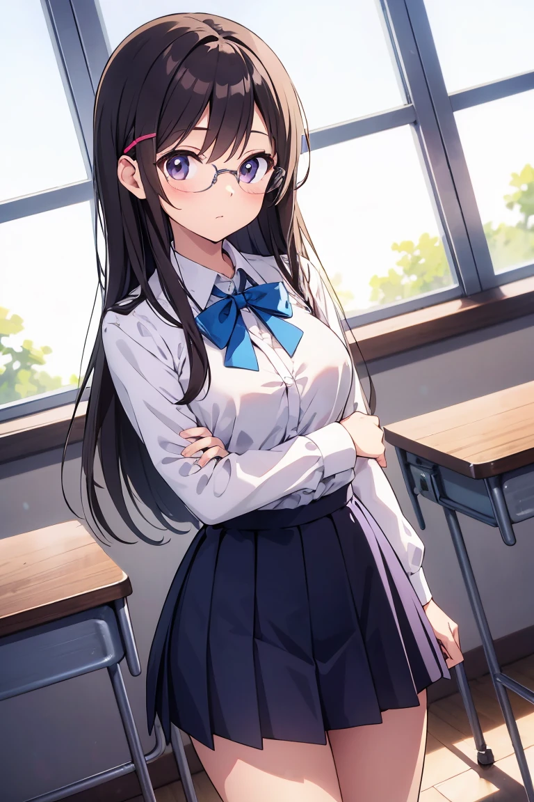 masterpiece、highest quality、1 girl、high school girl、18-year-old、Perfect Face、Shiny skin、Random Uniform、(ponytail)、Big eyes、tall)、Beautiful Hair、Beautiful Eyes、Perfect proportions、Beautiful thighs、Beautiful legs、Beautiful fingers、((Glasses、High-quality fabric、brown knit vest、Short sleeve white collar shirt、Navy Pleated Skirt、A bow tie))、After school in the classroom、(smile)、(((((Skirt Lift、Panties and pantyhose are visible)))))