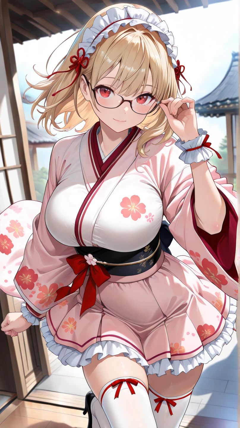chubby girl, blonde, green eyes, medium length hair, open forehead, glasses with black square frames Japanese clothing style, ancient japan, bare chest, bare thighs