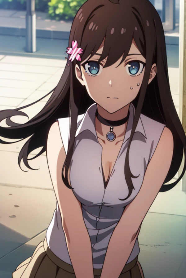sunrong, sun rong, long hair, black hair, hair ornament, ahoge, blue eyes, hair flower,
BREAK skirt, shirt, white shirt, sleeveless, choker, black choker, white skirt,
BREAK looking at viewer,
BREAK outdoors,
BREAK (masterpiece:1.2), best quality, high resolution, unity 8k wallpaper, (illustration:0.8), (beautiful detailed eyes:1.6), extremely detailed face, perfect lighting, extremely detailed CG, (perfect hands, perfect anatomy),