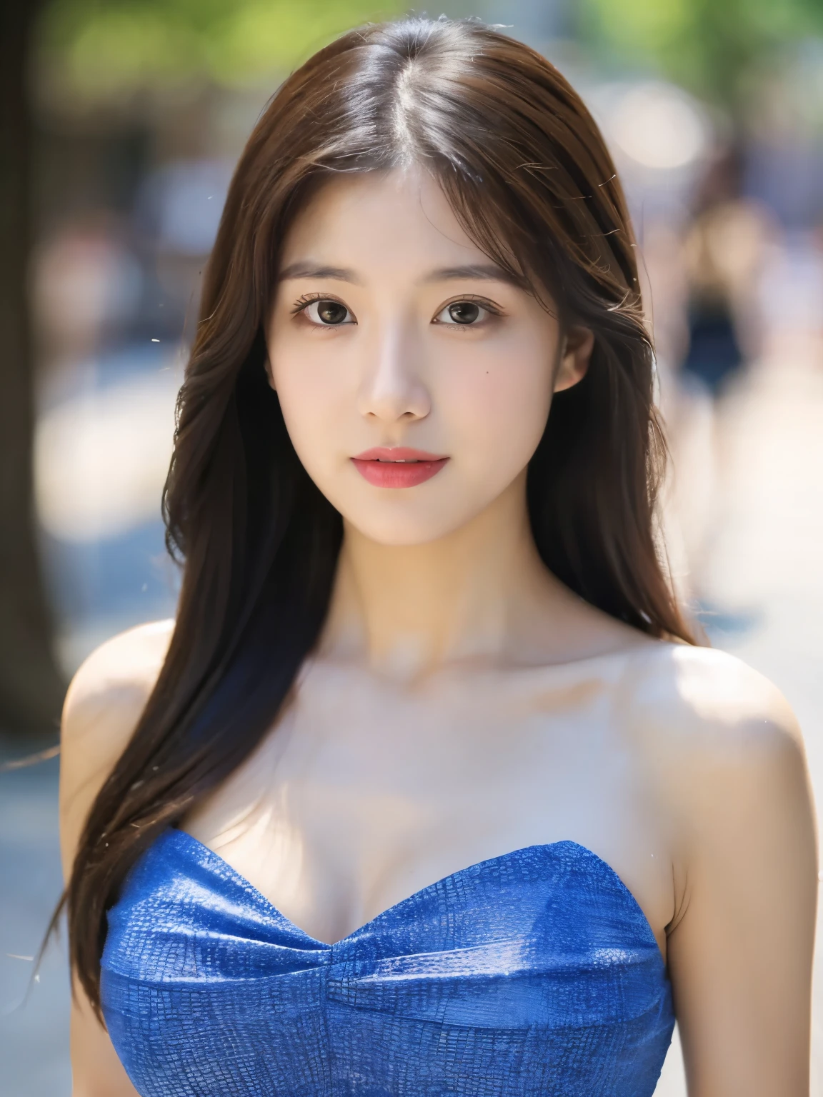 ((Highest quality, 8K, masterpiece:1.3)),One girl,18-year-old,Asian,Realistic texture:1.3,(Background Blur:1.3),Gorgeous long dress,tall and slender figure:1.2,(Hot summer weather),(street:1.3),Highly detailed face and skin texture,Beautiful Eyes,Long eyelashes,double eyelid,Skin whitening,Happy,Big Breasts