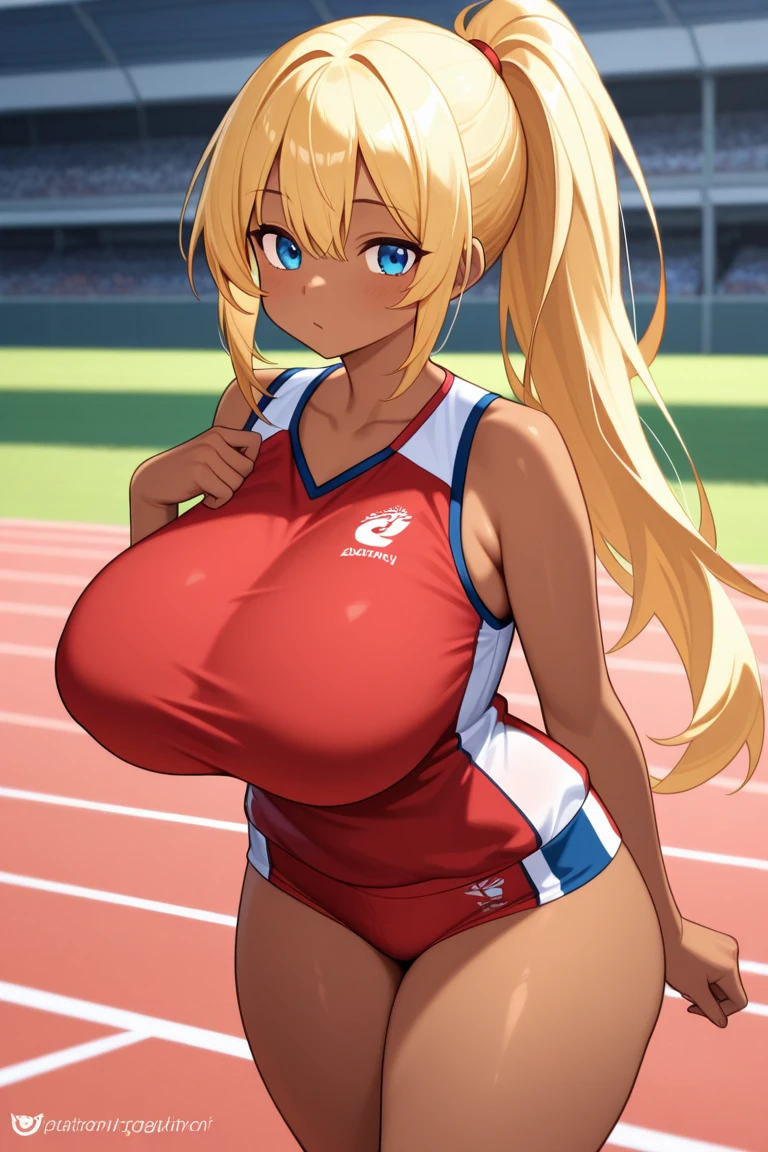 Athletic and super curvy milf, muscle, bimbo, bandana on head blonde hair, sports top, red sports shorts, tiny shorts, parts, tanned skin, sunburn, knee high socks, sneakers, sweating, clothes wet with sweat, showing ass, crouched