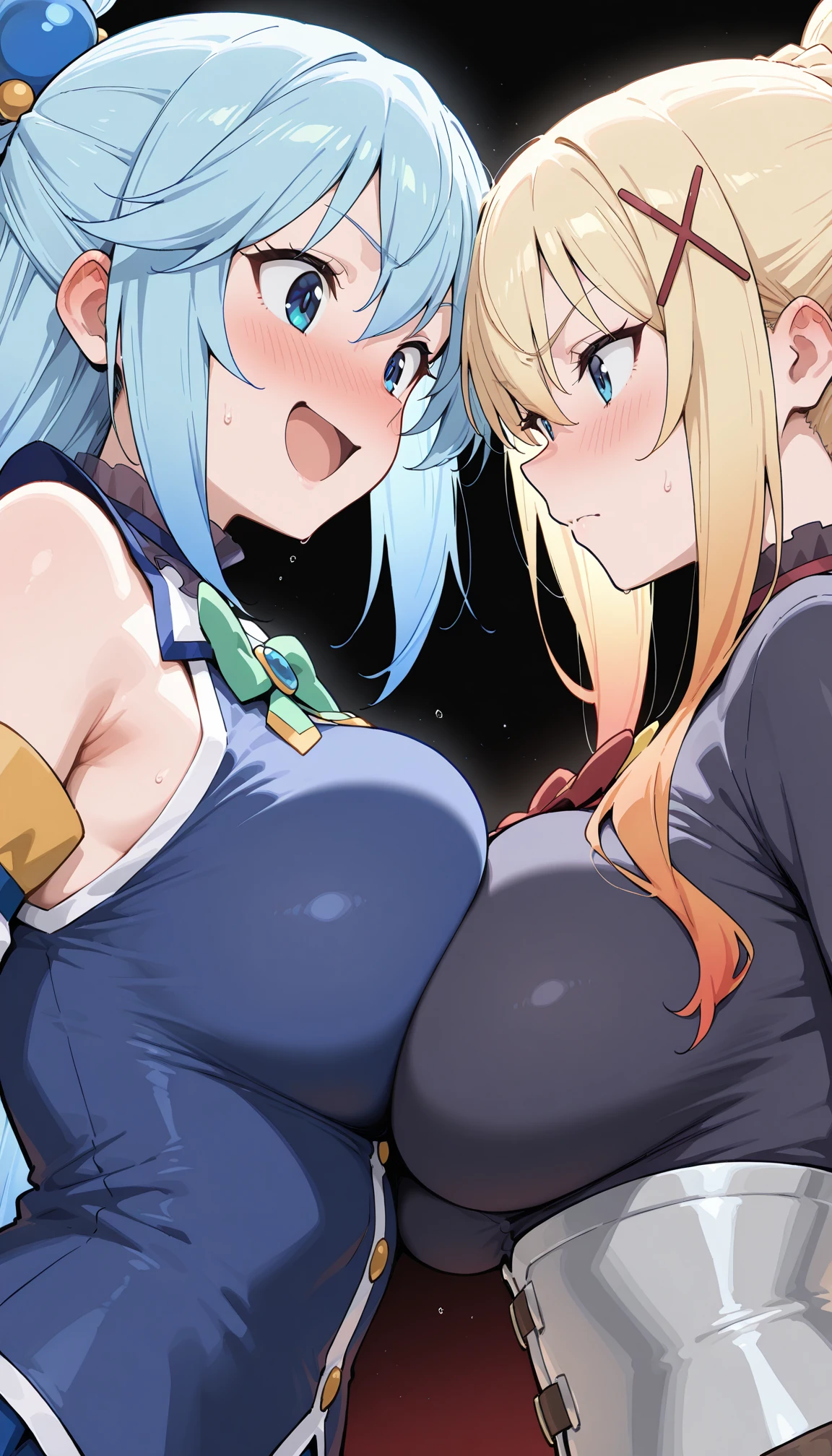 2heads, a short chubby woman with 2 heads. Enormous breasts. Baggy hoodie. Massive breasts. Outside in a city. Showing cleavage. Flirty expression. Teasing. Enormous breasts. Blushing. Seductive. Gigantic breasts.