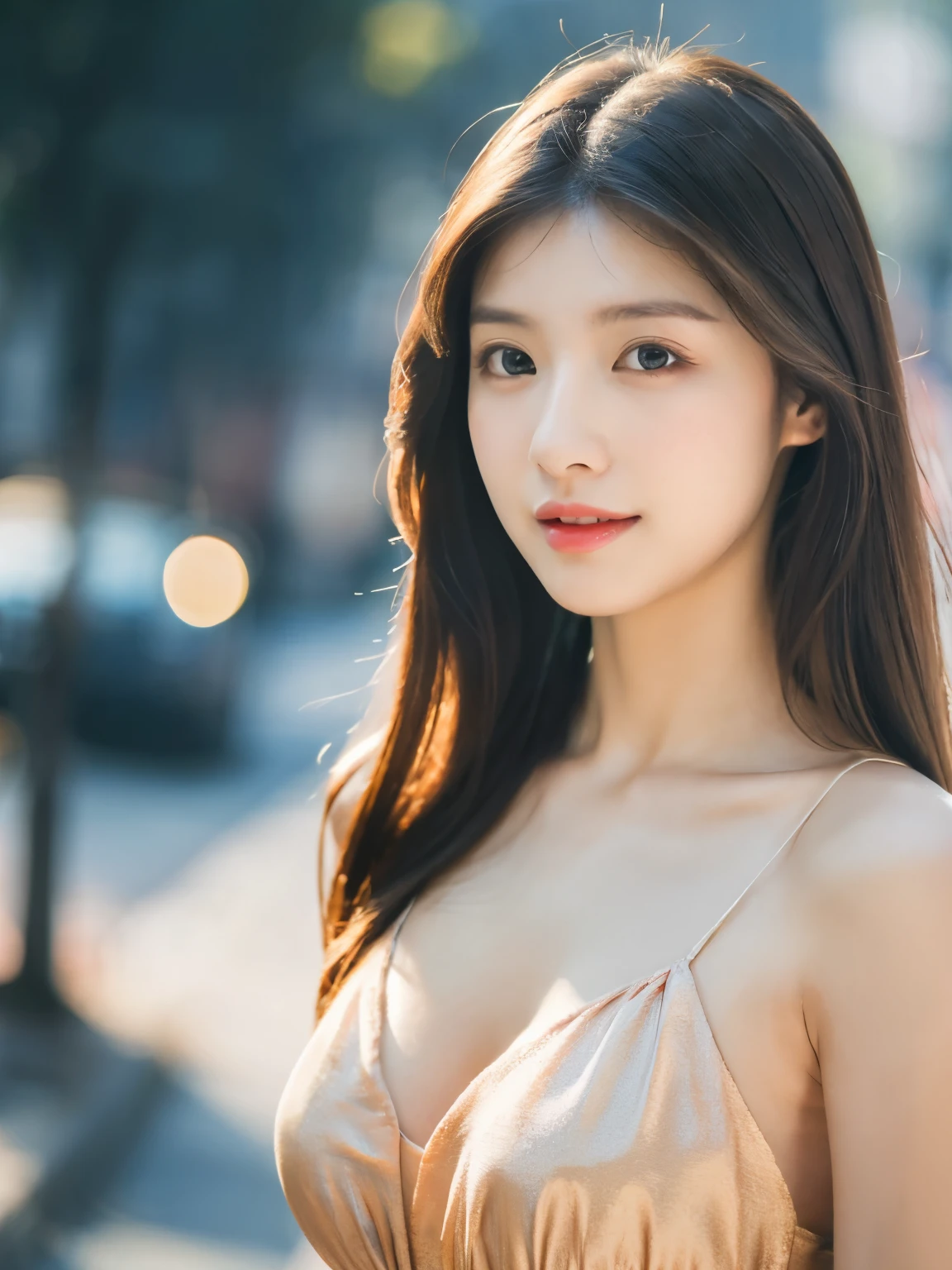 ((Best quality, 8K, masterpiece:1.3))，1girl，18 years old，Asian，Real texture:1.3，(Background blur:1.1)，Dress Up，Tall and slender figure:1.2，(Hot summer weather)，（street:1.3），Highly detailed face and skin textures，Exquisite eyes，Long eyelashes，Double eyelids，Skin Whitening，happy，Various postures，Big breasts