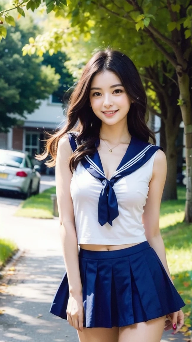 8K, Ultra-high resolution, Highest quality, masterpiece, 三分割法によるphotograph,Surreal, photograph, 1 girl, (:1.3), pretty girl, Cute face, Beautiful eyes in every detail, 細かくdetailedに,masterpiece,, One Girl:1.2, Japan Female Announcer,whole body,((detailedな布の質感, Cute long-sleeved blue sailor suit, Blue pleated skirt, White sailor collar)), (Beautiful views), Daytime, (School), Are standing, (Cute smile, Open your mouth), ,A carefree smile,Healing the heart,short hair,Looking at the audience、beauty,Long neck、Laugh a little、Please close your mouth and laugh、(((Ideal body type))),A-cup small breasts :2,、ture:2、Perfect Anatomy、鮮明なdetailed、detailed、Surreal、Light and shadow,Strong light