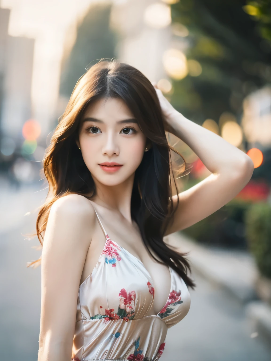 ((top quality、8k、Masterpiece:1.3))、Extremely delicate and beautiful girl,realistically,Extremely ridiculous,Abstractionism,full-body shot,catch,Extra detailed body,Port wind,,flowing hair,light brown hair,viton hair,beautiful fine hair,Exquisite and beautiful face,Smile,clear eyes, black eyes,nice skirt,beautiful clear background,beautiful sky,bloom,very precise details,absurd,very CG,((A sexy mature girl:1.5))、thick lips、deep red lip gloss、eye makeup、((40 years:1.5))、purple sunset sky,huge breasts,Larger breasts,amazing breast size,Extensive exposure,More nudity