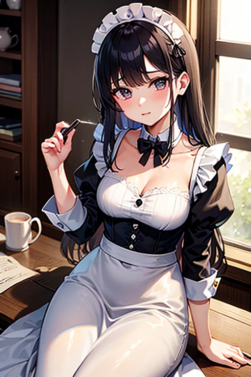 (masterpiece, best quality),female middle-aged, dainty, russian, gray eyes, nostril narrow nose, receding chin, unique jaw, , orchid messy bun hair, skepticism wearing embroidered thong, ruffled bra, , over-the-shoulder look, looking over one shoulder with a sultry gaze, exuding allure and mystery, colored lighting, soft pastel or deep, rich hues infusing the scene with a unique and sensual ambiance, a sunny garden party, with friends enjoying refreshments and engaging in lively discussions, (masterpiece, best quality), a young black haired girl office secretary dressed in a transparent white blouse and black office skirt and black pantyhose ,sitting in an office chair, holding pencil, (detailed skin:1.3),(detailed eyes), (sharp focus), <lora:add_detail:1>