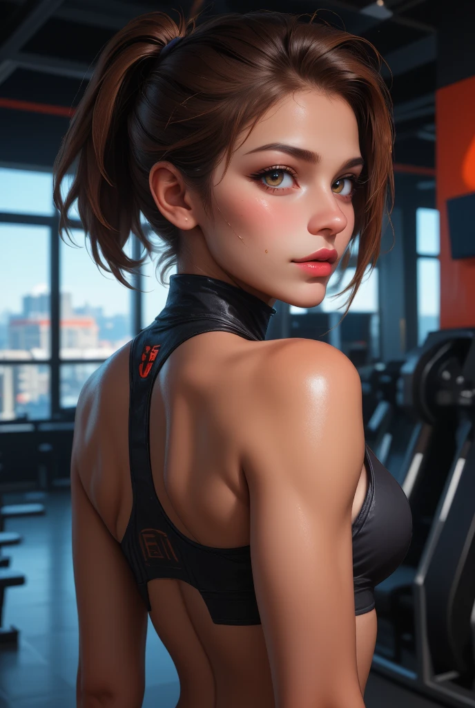 1girl, looking (((interested!!, amused!!)), (((looking at camera)))). Masterpiece, photorealistic, raw photography, top quality, best quality, upper body, muscular, attractive, short red hair. NSFW, topless, high-tech apparel. Sci-fi, indoors.