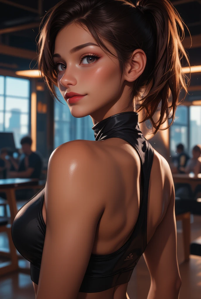 Best Quality, Realistic, Realistic, Award-Winning Illustration, (Complicated Detail: 1.2), (Fine Detail), (Complicated Detail), (Cinematic Lights, Best Quality Backlight), Crisp Lines, Crisp focus, official art, unity 8k wallpaper, Life - like portrait of a scandalous and flirty cyberpunk black girl with t-shirt long straight beautiful hair working as a barista in a Zen - like vibe cafe, perfect fit body, alluring, mischievous smile, muse, stunning, 3D photorealism, hyper - realistic volumetric details, real look, unreal engine, octane render, beautiful light), ((supermodel pose)),