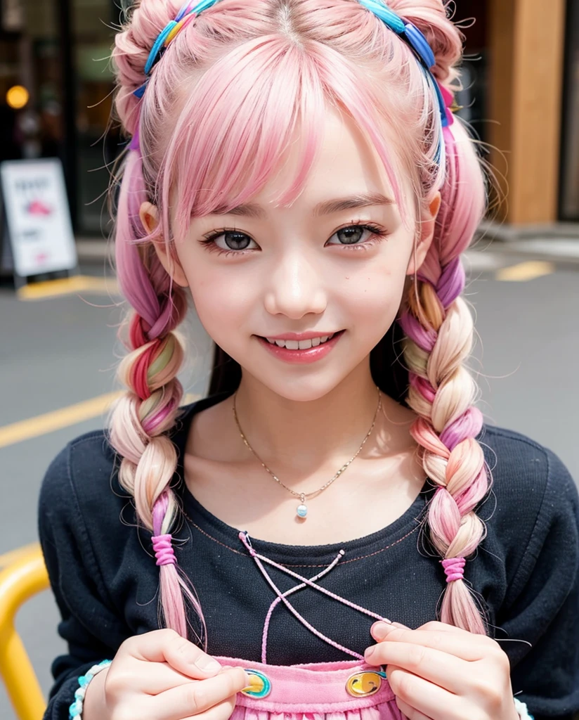 High level of image quality、长发白裙的Anime Girl摆姿势拍照、Shibuya Crossing、Close-up shot、(a smile:1.5)、Sayori, Anime visuals of cute girls, Anime cute art style, Wear, 穿白色连衣裙的Anime Girl, 漂亮的Anime Girl, (Anime Girl), 可爱的Anime Girl, Wear漂亮裙子的可爱Anime Girl, 迷人的Anime Girl, 美丽的Anime Girl, return, Smooth anime CG art、(Pink Hair), Ear hair, small , Single Braid, (Single Braid), (Side braids)