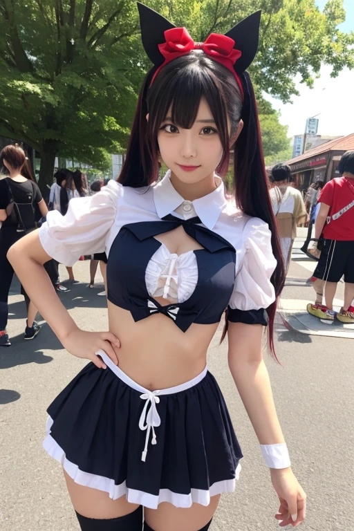 1girl in, (Blue eyes), angry looking face, (Extreme Long Shot ELS :1.3), ((In the name of Minaj)), wide hips, huge tit, Big ass, (Best Quality, 8K, masutepiece: 1.3)) ), Clear focus: 1.2 , Perfect Body Beauty: 1.4 , Slender Abs: 1.2, Wet body: 1.5 , Highly detailed face and skin texture, Detailed eyes, Double eyelids, (long twintail black hair), Tsukino Usagi \(Sailor Moon\), cleavage, Blue skirt, Red bow, a blond, Hair bun, Hair Ornament ,blue sailor collar, Red choker, Red boots, high-heels, Sailor Senshi Uniform, White Gloves, tiarra, elbow groves, Pleated skirt sitting on Tokyo street, on tokyo street, Japan buildings,