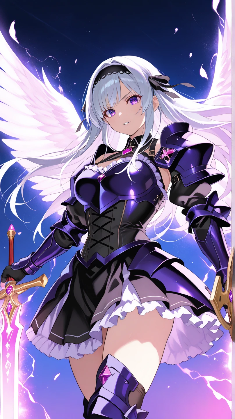 top-quality、Top image quality、​masterpiece、girl with((Silver and black mechanical body armor、silver mechanical arm、silver leg arms、Shining red body line、sixteen years old、teen ager、cute little、Best Bust、big bast,Beautiful shining purple eyes、Breasts wide open, white  hair、black mechanical wings,Longhaire、A slender,Large valleys、belligerent movements,holds a black sword)),hiquality、Beautiful Art、Background with((Midnight City、Pillar of fire、fluttering white feathers)))、,masutepiece、depth of fields,Cinematic style