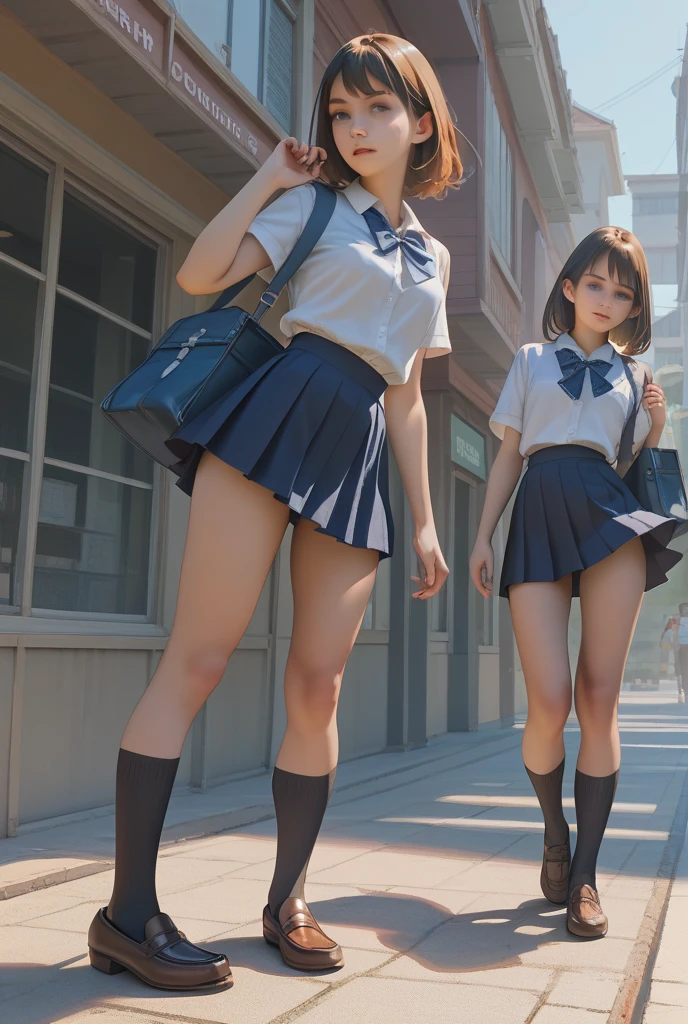 ((highest quality)), ((masterpiece)), (High resolution), 8K, best shadow, The best natural light, cinematic, Adult woman climbing the stairs、20-year-old, (brown hair, long twin tails)、Looking back, bashful、navy blazer、navy check skirt、(dark blue socks)、((Rear view))、Angle from directly below the rear, ((View from directly below))、dark blue socksにクローズアップ、Manga panel layout、cartoon style、Manga Design、station stairs、On the way to school, (Skirts that turn over in strong winds:1.4), Stylish pink satin panties, slender body,beautiful thighs, embarrassed look