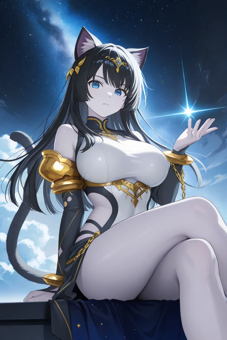 A woman wearing a white female military uniform with gold details, exposed thigh, long maroom stockings, white heels, golden medal, white gloves, big breasts, yellow eyes, very dark black hair, long hair, long neko ears, smiling, walking on a Japanese platform, with views of traditional Japanese houses, full length, anime style, sparkle, drop shadow, bloom, UHD, masterpiece, ccurate, anatomically correct, textured skin, super detail, high quality, best quality, 8k, highres, (solo woman)