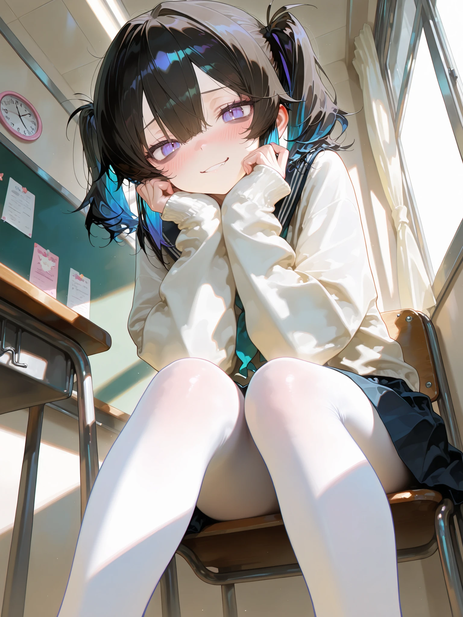 Yankee high school girl、One girl in a mini skirt, Squat with your legs wide apart、Looking down at the viewer, Twin tails, Highest quality, Focus on the thighs, Dynamic pose, smile, blazer, blouse, Black Pantyhose, panties under pantyhose, , classroom, Black Hair,My thighs are steaming between the legs 、Sweaty pantyhose、Show the soles of your feet here、My feet are stuffy