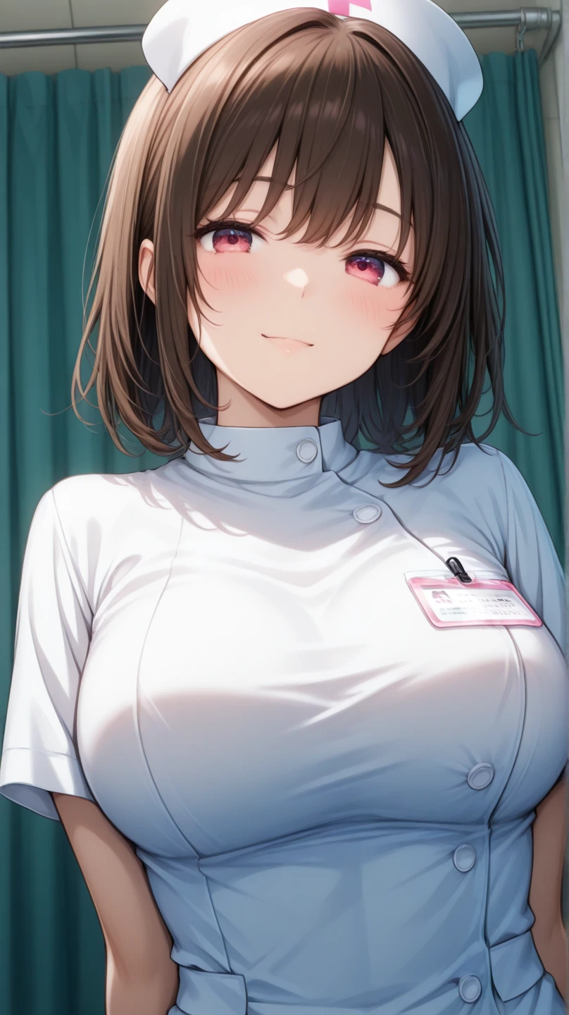Infirmary,窗帘,one-girl,Bust photo,Nurse's uniform,ssmile,looks into camera,Be red in the face,nurses,white dresses,tmasterpiece,The best quality,The is very detailed,cleavage