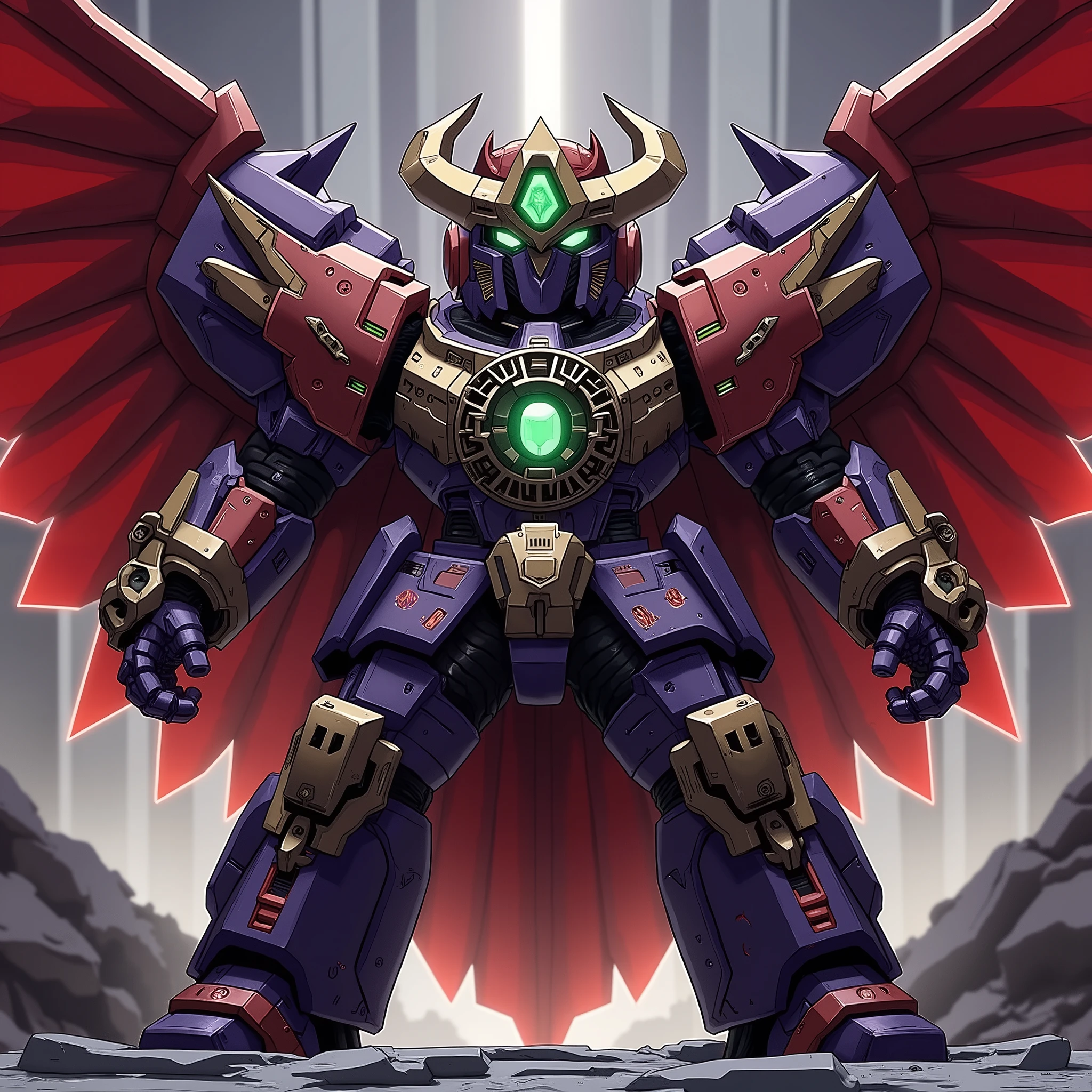 Epic portrayal of a gargantuan humanoid mecha, emanating an overwhelming final boss aura. Complex, baroque-style head armor reveals a stoic, metallic face with blazing eyes. Its form is encased in thick, multi-layered composite armor, a fusion of bio-mechanical engineering and formidable plating, adorned with luminous glyphs and intricate patterns. A prominent, glowing green crystal is set in its chest, with similar gems punctuating its heavy shoulder pauldrons, powerful vambraces, and reinforced greaves. The armor balances immense protective power with surprising flexibility. From its back, a pair of magnificent, crimson demonic wings spread wide, casting ominous shadows. Color palette: rich purples and blood reds, starkly contrasted by obsidian black and pristine white. Design cues drawn from Magneto, embodying sheer power and an indomitable will. The scene is apocalyptic: the fabric of reality tears apart around its colossal frame, skies shatter, the earth ruptures under its might. Visual style: hyper-detailed, cinematic, dramatic lighting, Lovecraftian scale, digital painting, concept art, a touch of gothic futurism, volumetric atmosphere, dynamic composition, masterpiece quality.