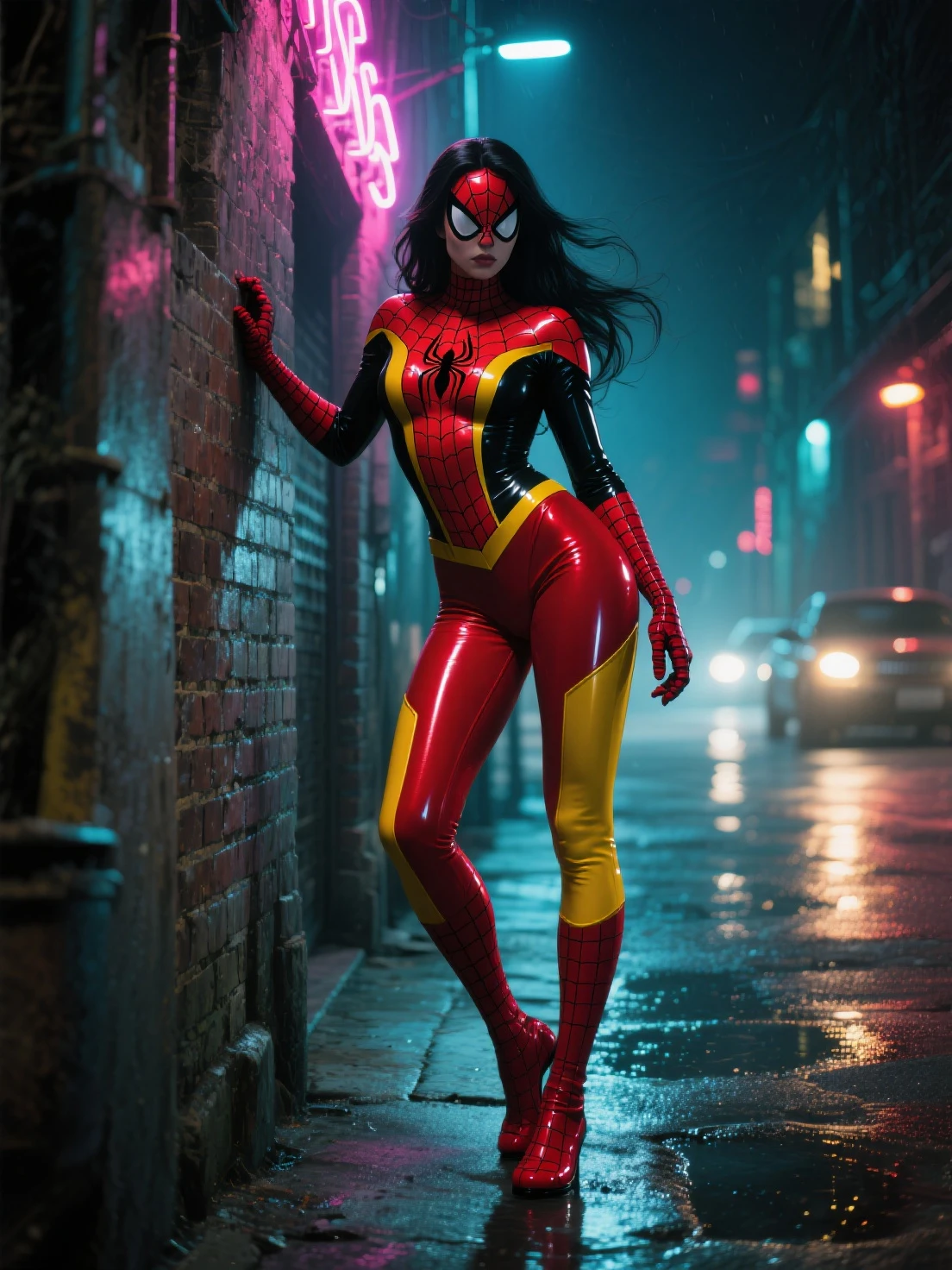 (Highly quality, masterpiece, detailed), Night city detailed scenario, Night city detailed background, 20 years old girl, Jessica_Drew_aiwaifu, long hair, black hair, large breasts, lips, lipstick, superhero, domino mask, gloves, red shirt, red pants, yellow gloves, Leather clothes, yellow shirt, yellow pants, thighs, crop top, Abdomen, Navel, beautiful eyes, perfect eyes, looking at the viewer, Sexy pose