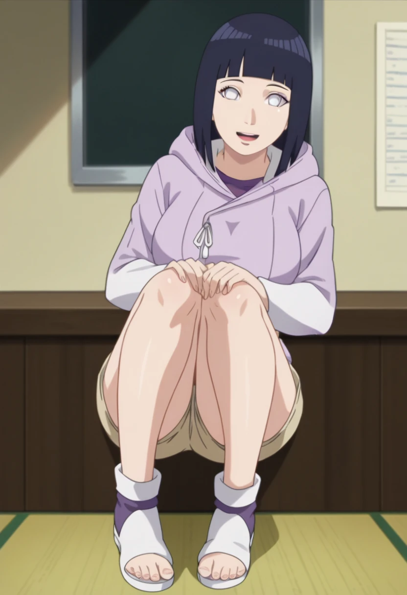 Hinata Hyuga, sitting on chair, wearing white panty, spreading legs, wearing Black leather boots