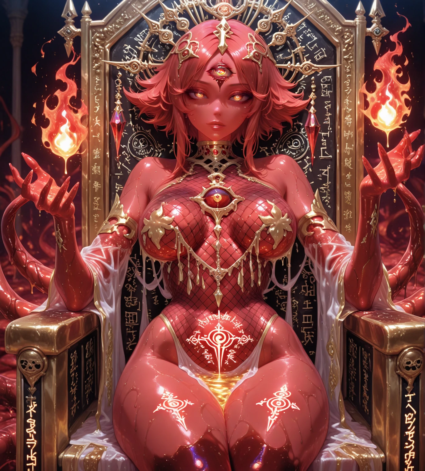 (8k RAW photo, hyper realistic, masterpiece, best quality, crisp detail, high definition, high detail, very rich detail, sharp focus, sharp detail, colorful, rich color, cinematic, perfect studio lighting, full body photograph, mystic atmosphere), (((bare naked, fully nude, showing bare pussy, showing bare nipples))), (a young colorfull lust goddess, very long smooth straight haired, pink haired), (arrousing, temptating viewer), (seductive sexual posing on a golden goddess statue, in a golden temple, sorrounded by naked female slaves)