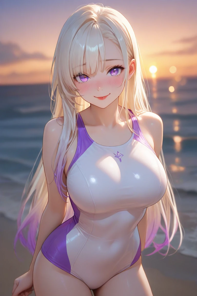 realistic, 1 girl, gray hair, purple eyes, shining eyes, swimsuit,, parted lips, blush, night, flowers, sun, sunlight,
