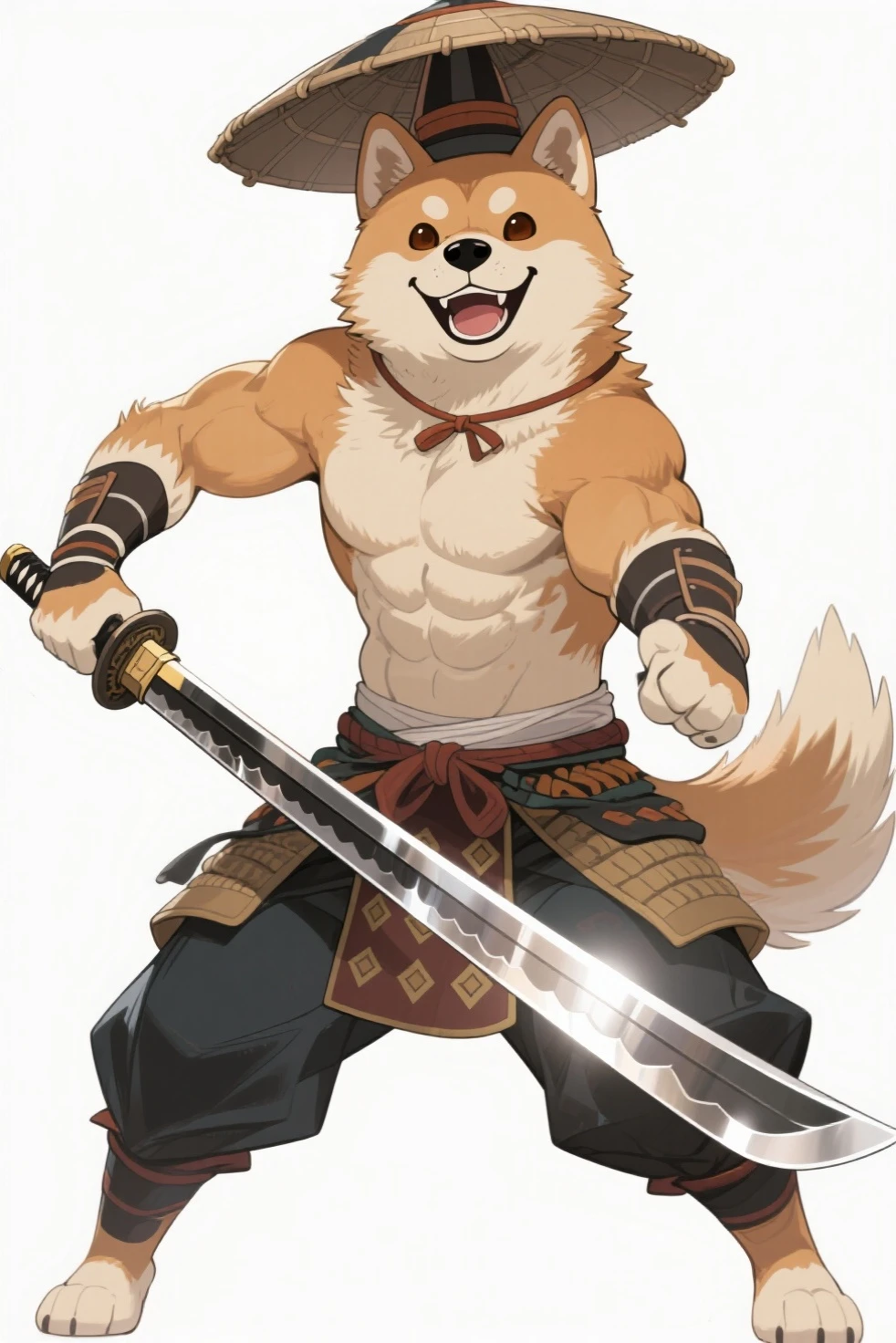 Wolf, By Haps 1boy, abs, animal ears, bara, bulge, full body, white background, Seminude, Boxers, side, Falling, feet, holding Katana,