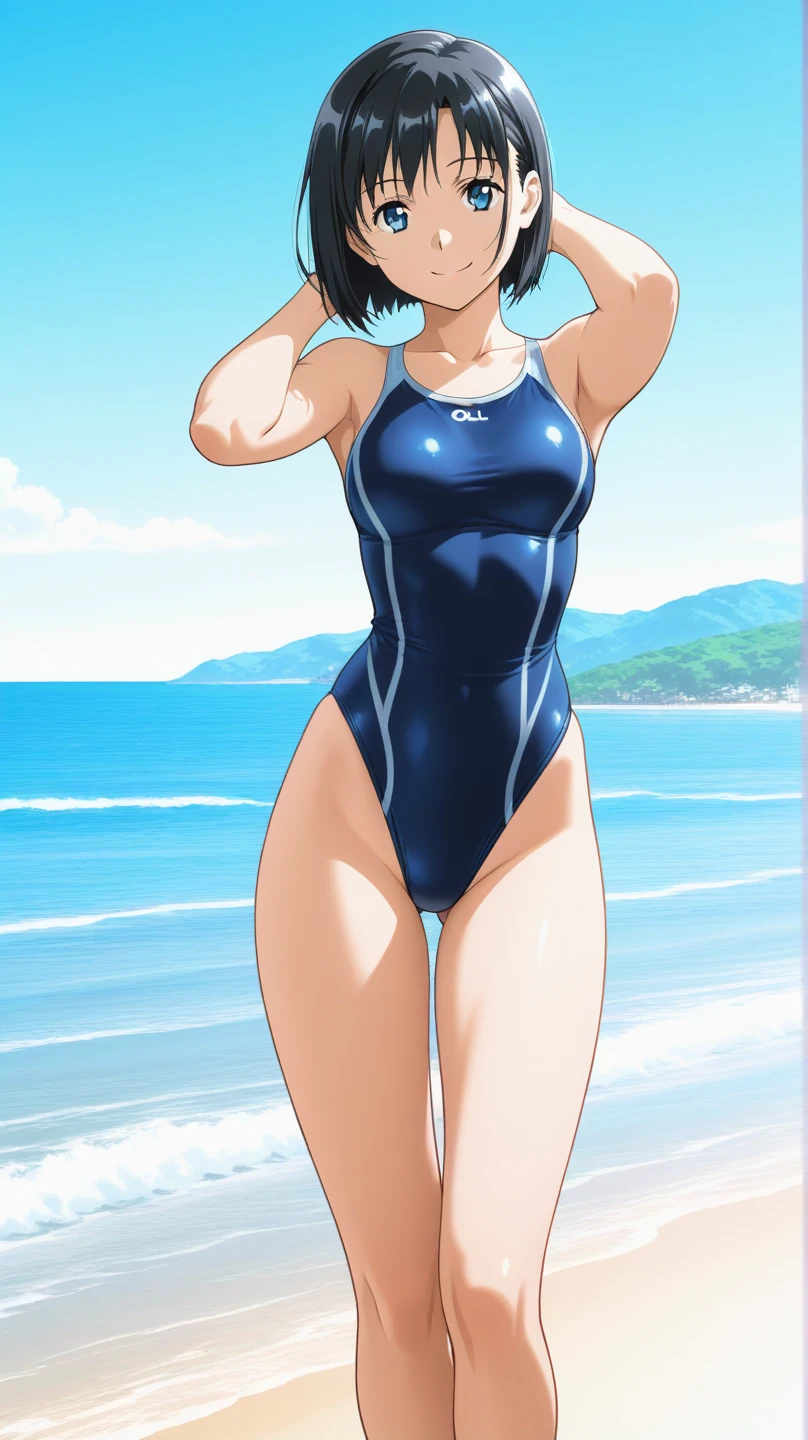 highest quality、Realistic、Chestnut Hair、Light blue eyes、Very Short Hair、One piece swimsuit、Tanned black body、A well-trained body、athlete、Tan、Brown Skin、slender、boyish、Sweat、smile、Ocean、