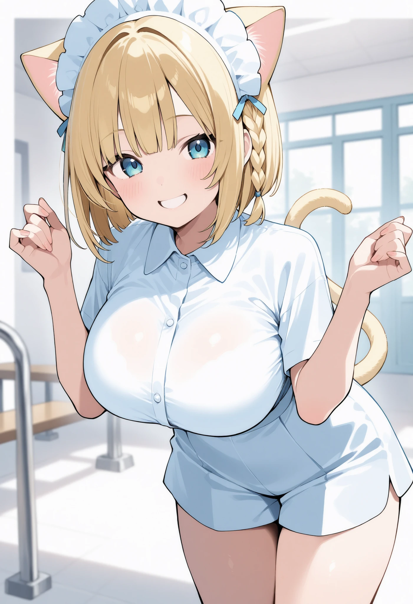 Point Of View, Cowgirl position, Cat nurse reaching for me anxiously, Hospital room, White curtains, sunlight, window, nurse's outfit, big breasts, cleavage, puffy detailed beautiful face and eyes)absurdres, perfect anatomy(kemono, angelic cute girl, solo focus)(furry anthro)(very detailed body fur)embarrassed, full-face blush, open mouth,