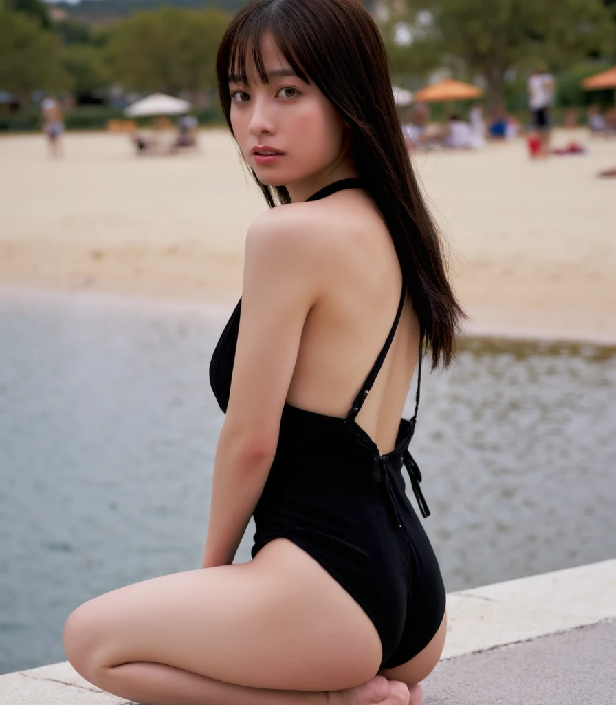 (masterpiece:1.3), (8K, Photorealsitic, Raw photography, Top image quality: 1.4), Girl sitting by the pool and looking at the camera、Show off her bright black stockings, (((black and blue high leg,Racing Swimsuit)), Slender and slender、((top-quality、8K、masterpiece:1.photoreal stick, foco nítido, high-level image quality, hight resolution, Portrait, Solo, japanes, Middle-aged woman, Beautie, full body Esbian、47 years old, Various hair styles、Wrinkles at the corners of the eyes, in poolside、