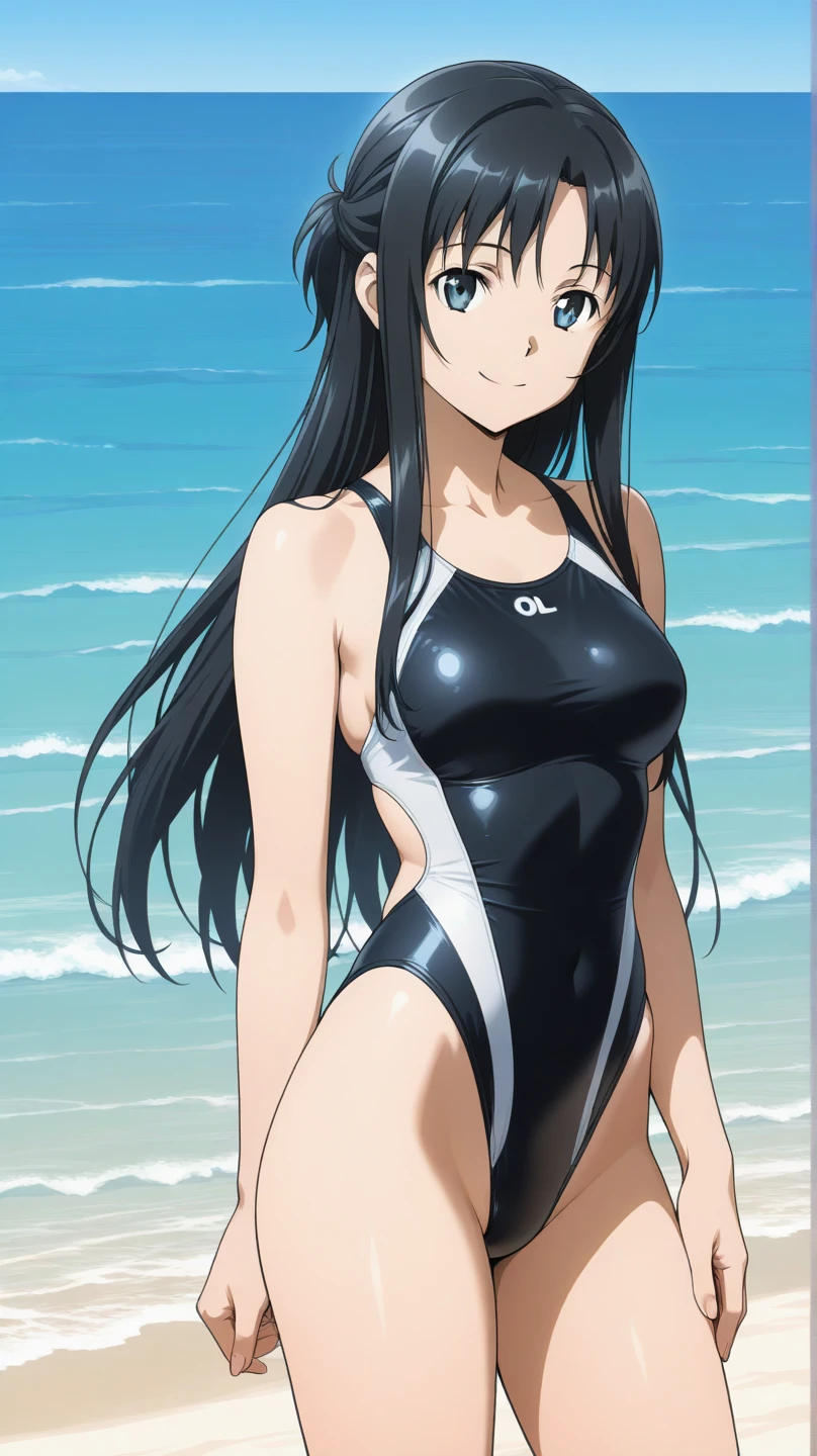 masterpiece, highest quality, High resolution,takarada rikka,1 girl, black hair,blue eyes,(swimsuit,bracelet,beach),stylish pose,looking at the viewer,in the center of the image, (lively_color:1.2) (beautiful_medium breasts:1.3), (beautiful_face:1.4),(slim_waist),(beautiful_thighs:1.5),