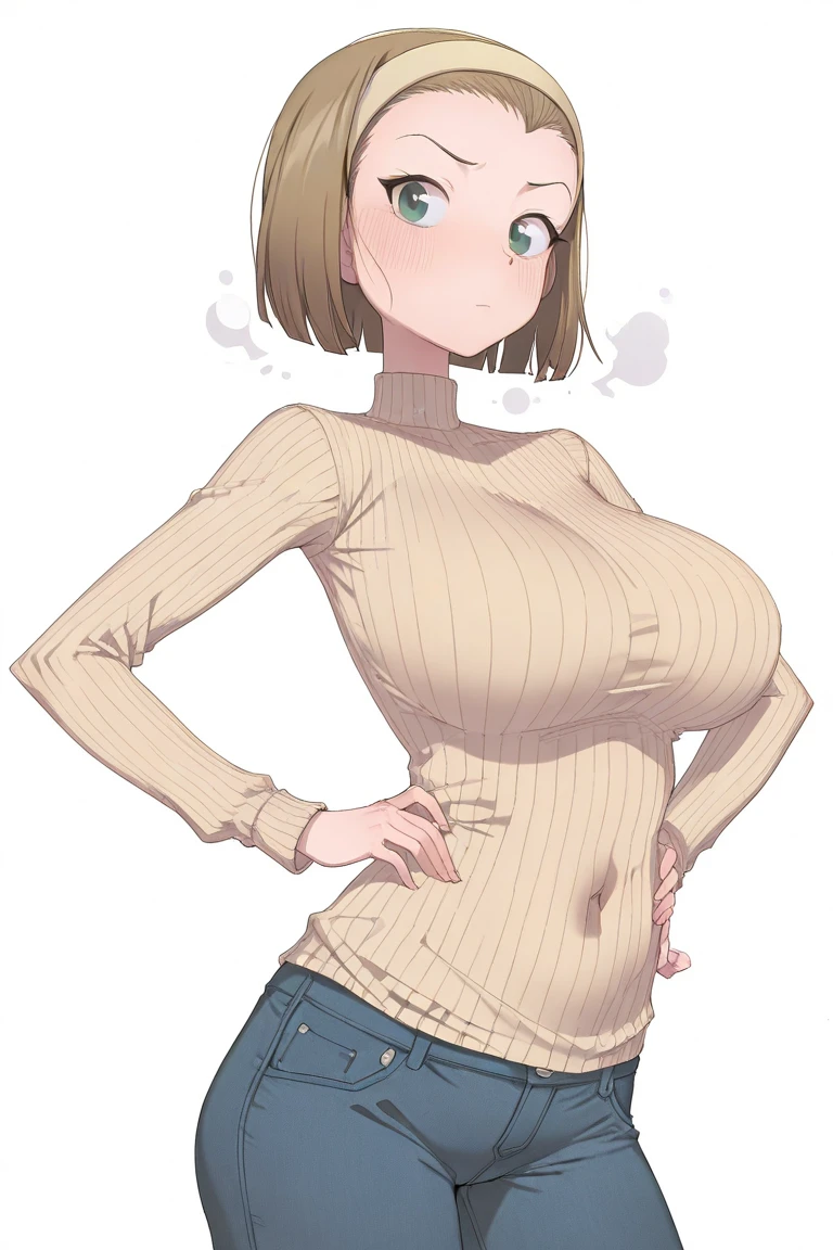 (1girl, one girl), (solo:1.3), (velma_dace_dinkley:1.3), brown_hair, (brown_eyes:1.3), (thick_lips:1.3), (bob_cut:1.2), (black-framed_eyewear:1.2), (shy:1.3), BREAK
standing, (thick_thighs:1.3), (huge_breasts:1.3), BREAK
(orange turtleneck_sweater:1.3), (red_skirt:1.2), pleated_skirt, BREAK
(white_background, simple_background:1.3), BREAK
best quality, masterpiece, detailed background, highly detailed, intricate, detailed face, long eyelashes, detailed eyes, <lora:GoodHands-vanilla:1> <lora:HeroNeisan-LyCoris-V1:1>