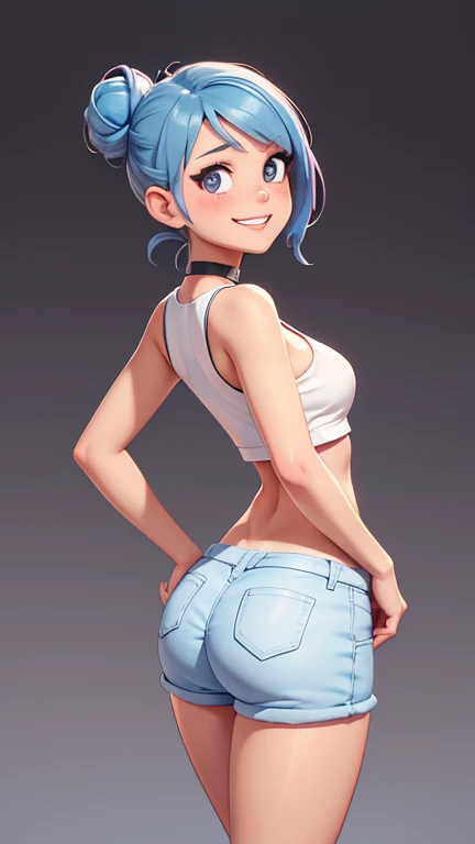 Anime boy with blue hair and white shirt standing、Rei Ayanami、Ecchi Anime Style、Anime Art Style、anime moe art style、Toei Animation Style、アニメ、2 d anime style、Anime-style、Wearing blue bloomers、bare leg、White gym shirt、Short sleeve、blancheTshirts、Dark blue bloomers、Raw feet、whiteshirt、Smile、young teenager、Beautiful Boy、handsome