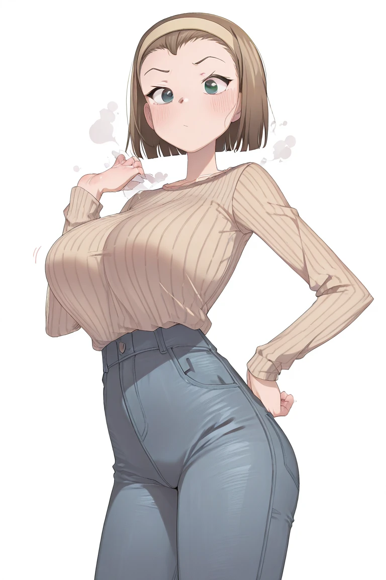 a 38 year old adult woman, She has a robust and curvy build... Your hips, stomach and bust are pronounced..., which gives you an hourglass figure, some wrinkles on the face..., short brown hair, yellow eyes,  a mole on the cheek, closed smile, big breasts, Wide hips, thick thighs, rolls, large beige turtleneck sweater, sleeves covering hands, blue wide jeans, baggy clothes, full body view, Alone, cream colored background, standing, gordibuena 