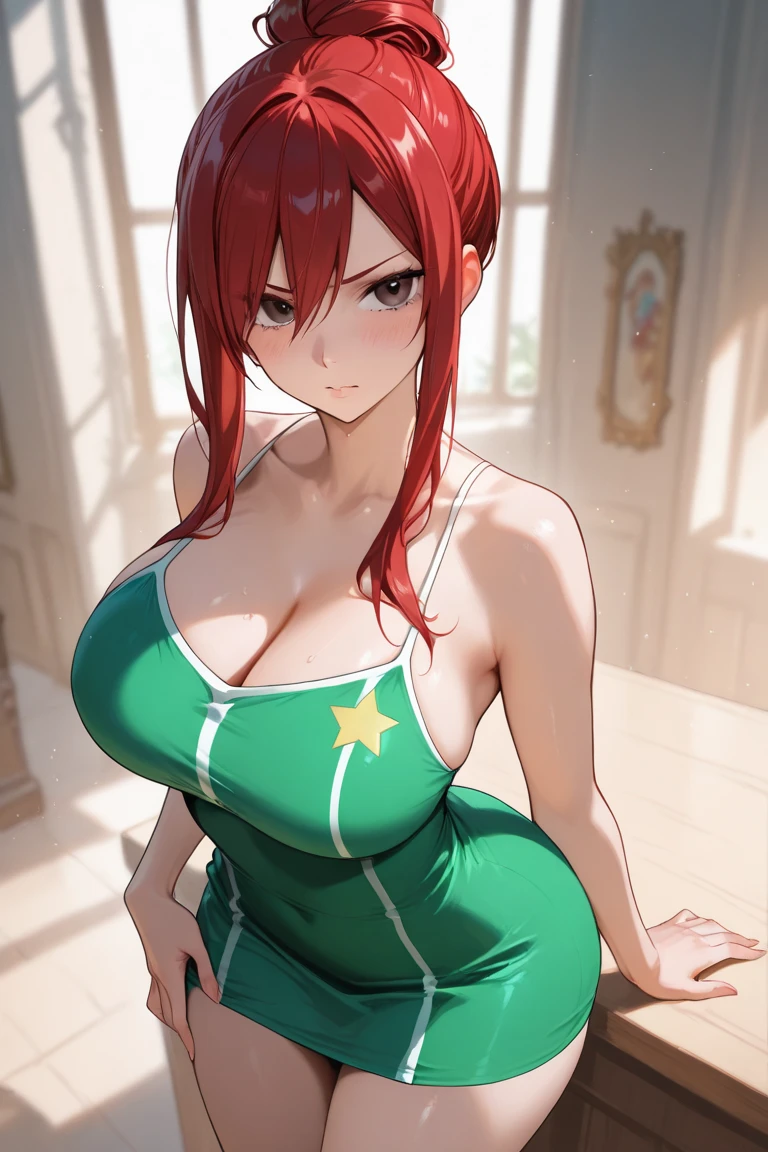 (masterpiece, best quality, cinematic, photorealistic, ultra-detailed), 1girl, (Santa Claus fashion, miniskirt), perfect hands, perfect face, (red lips, hoop earrings, puffy lips, thick lips.:1.2) (medium shot, looking at the viewer), red hair, short single-tails on one side, wide hips, thick thigh, bursting breasts, under Boobs), round ass, arms wide open, showing the armpit, seductive pose, green eyes, detailed pupils, blushing, sitting on a black couch seductively