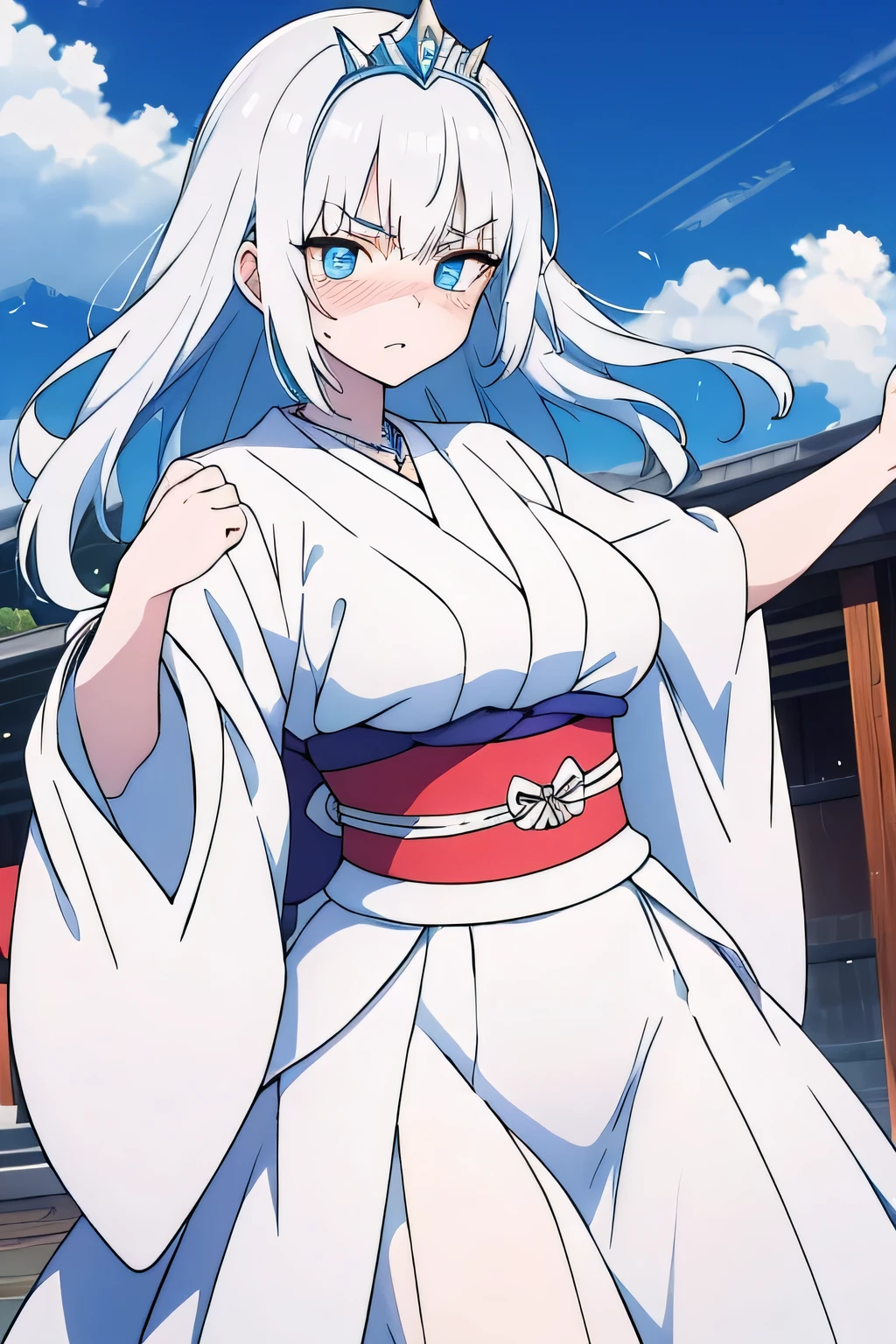 [high quality] albino white hair white skin, sky blue eyes, Pupils that shine like diamonds, White princess kimono,   diamond pupils  , white necklace, Age: 28 , big breasts, expression: I would be angry, fighting dance position