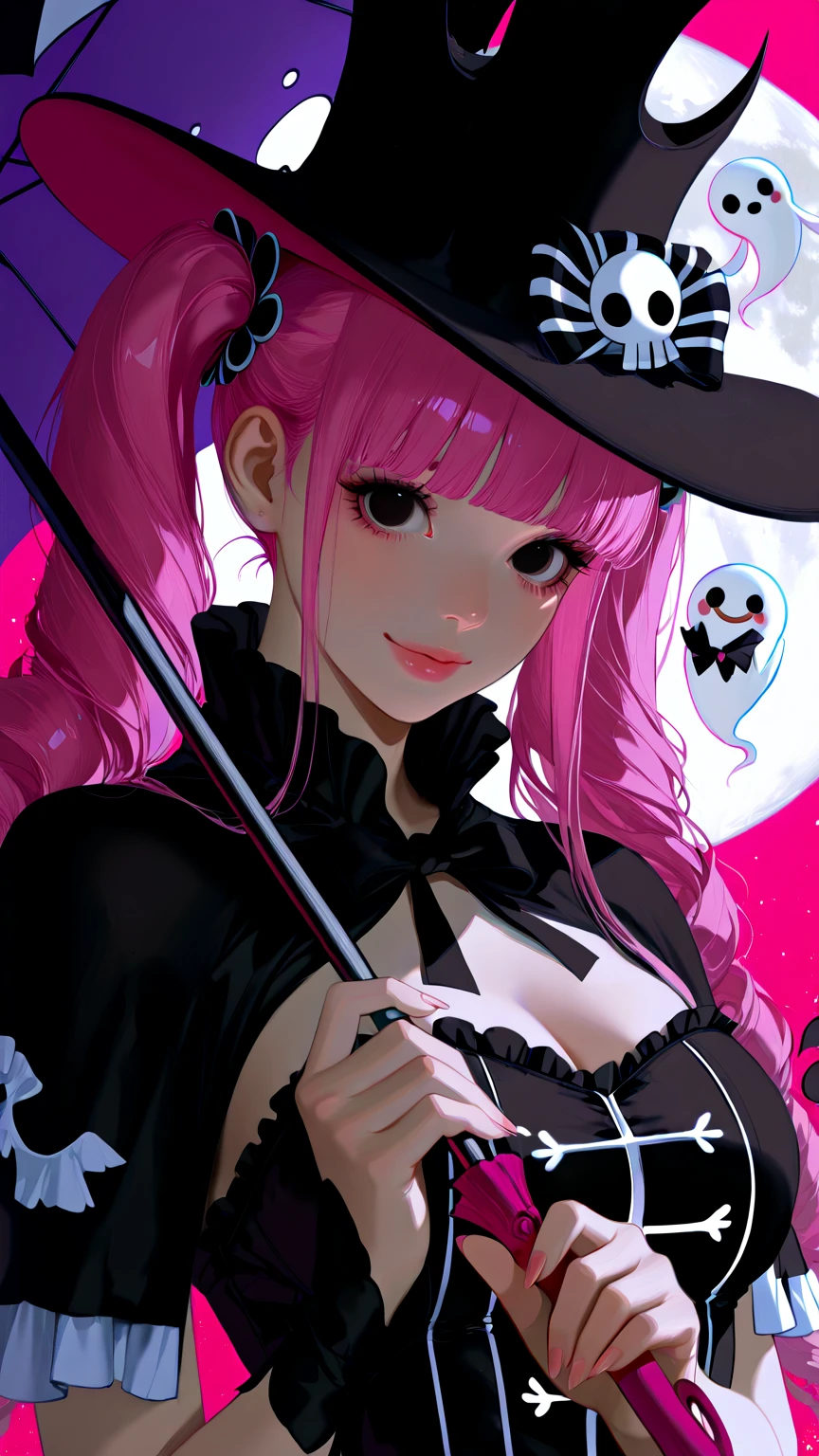 (best quality), ultra res, highly detailed, turned at viewer, anime style, (face shoot), medium length hair, white hair with lilac at the ends, black bikini, (looking at viewer), pink heart necklace, straight hair, black clothes, witch style, a pink heart tattoo on right cheek, lace dress, black lace.