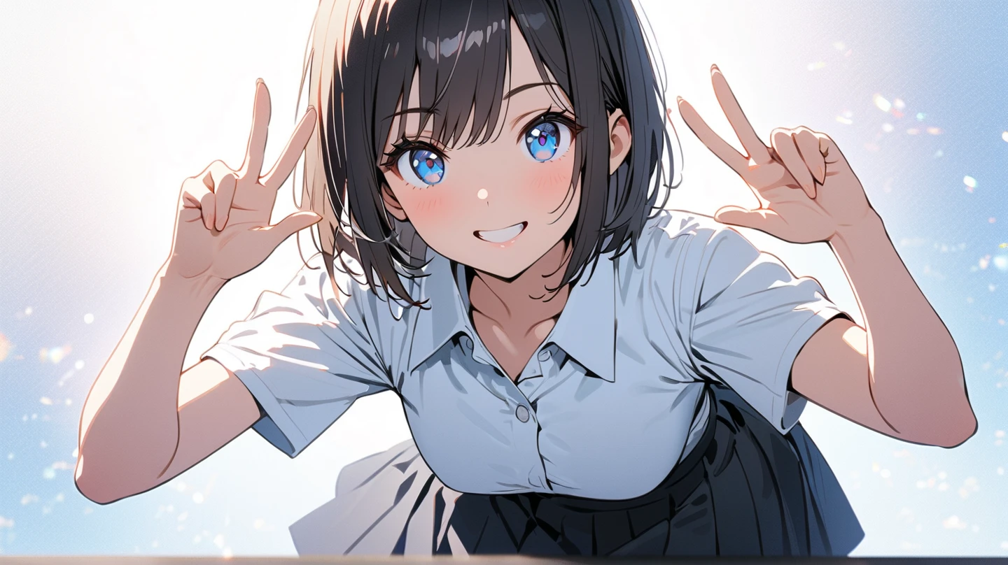 1 girl,androgynous,black hair,blue eyes, Smile,pov,portrait,big breast,(wide hips),White eyes,split pupil,best quality,very aesthetic,absurdres,v