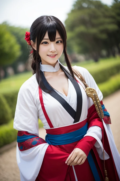 (((big breasts))), cute girls, elf, 1girl, solo, long hair, looking at viewer, skirt, (big breasts and exposed breasts), black hair, hair ornament, gloves, cleavage, brown eyes, detached sleeves, japanese clothes, wide sleeves, blunt bangs, fingerless gloves, standing and 2 hands drop down, lotus, lotus leaf, cherry blossom, japanese temple, (masterpiece,best quality:1.5)