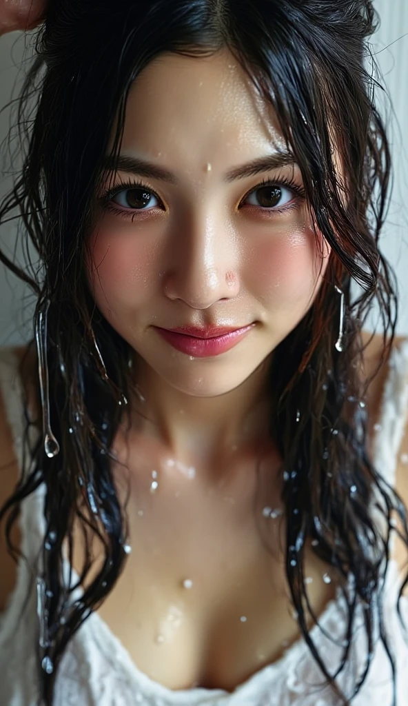 (Highest quality, 4K, 8k, High resolution, masterpiece:1.2), Very detailed, (Realistic, photoRealistic, photo-Realistic:1.37)、smile、black halter sleeveless、(((Bukkake)))、Lips parted,