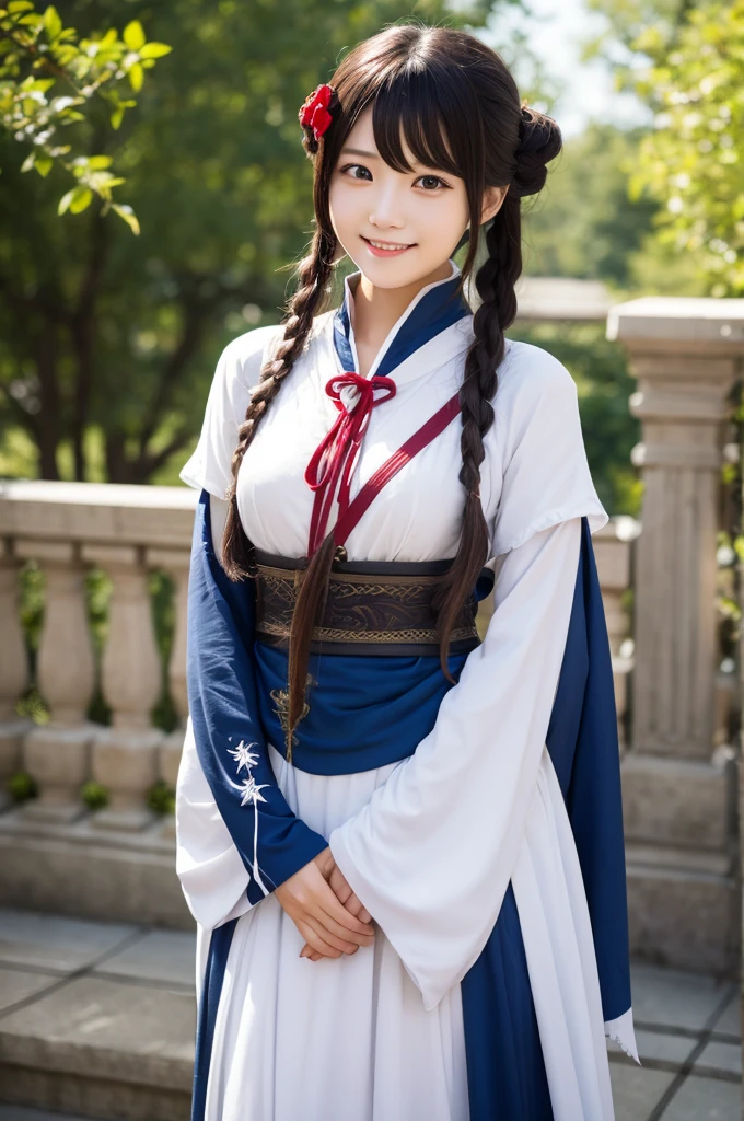 best quality, (逼真度:1.2), 1girl, solo, 详细脸, face focus, standing, black hair,(hair ornament:1.35), 校服, ribbon sleeves, 拆袖, ribbon trim, wide sleeves, (looking在观众：1.5）长发，黑眼睛，刘海，嘴唇，