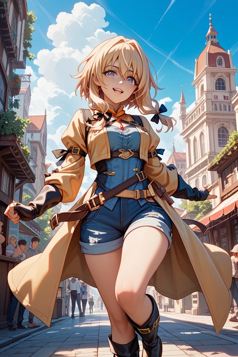 <lora:Felt:1>
best quality, 4k, ((masterpiece)), extremely detailed, 8k, trending on ArtStation, Intricate, High Detail, Sharp focus,detailed background,(fantasy city:1.4),rooftop,crowd,
1girl, solo, navel, bow, blonde hair, red eyes, hair bow, red scarf, braid, short hair, belt,small breasts,standing, looking at viewer, smile, midriff, cowboy shot,blonde hair,black bow,,asymmetrical clothes, gloves,brown gloves, torn legwear,vest,from behind,looking back,hands on hips,