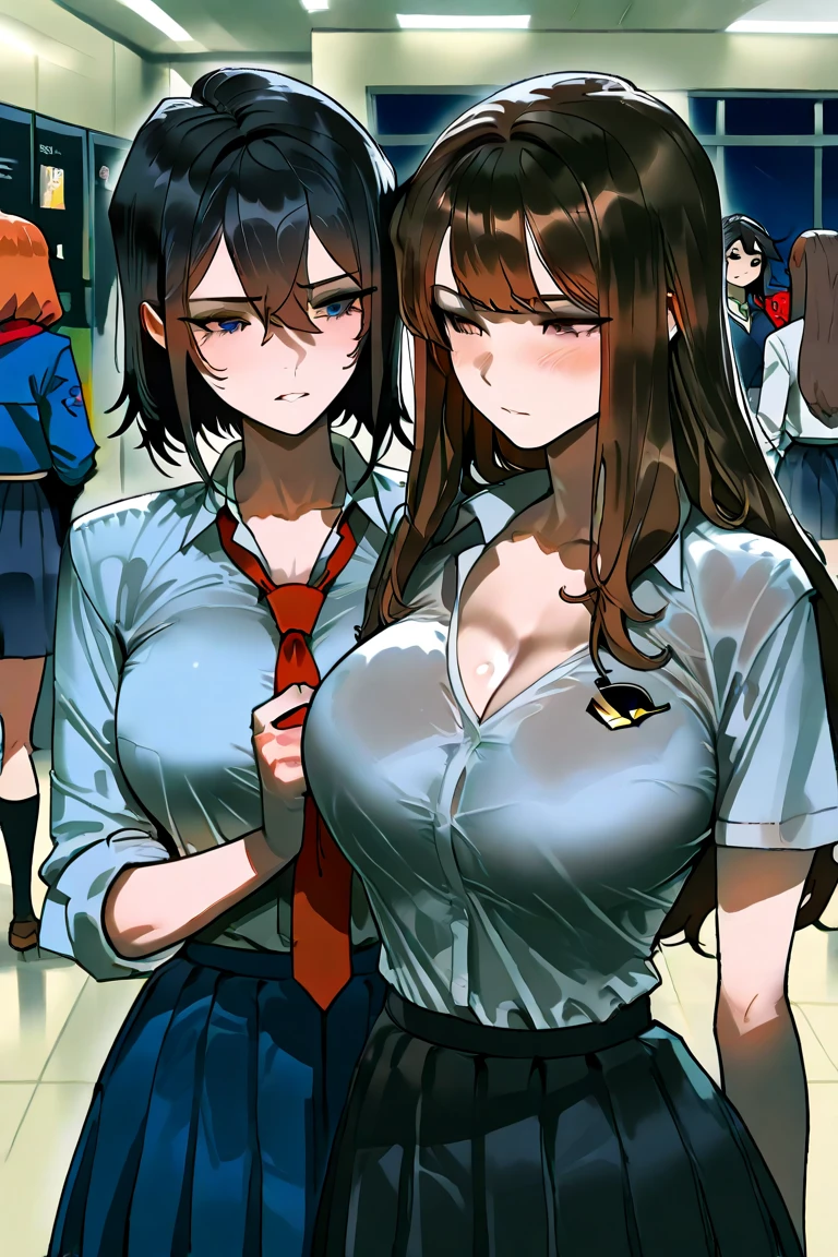 anime drawing、official art、masterpiece、high resolution、8k、Real 3DCG、Breasts Sucking(sharp outline)、,big breasts、uniform blazer、uniform mini skirt、loafers、student bag,cleavage、Shiny skin、detailed eyes、detailed face、detailed body、Maorilan、