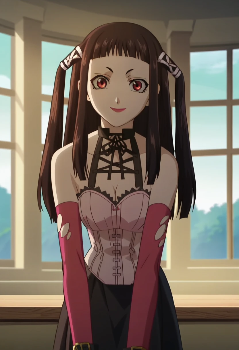 score_8, score_7_up, score_6_up, 1girl, rubytojo, source_cartoon, screencap, detailed face, light, day, solo, black hair, ribbon, long hair, two side up, hair ribbon, twintails, blunt bangs, lipstick, elbow gloves, cleavage, choker, bare shoulders, gloves, detached sleeves, pink corset, black skirt, main outfit, looking at viewer, smile, bent over, cowboy shot, school background, indoors, anime screencap