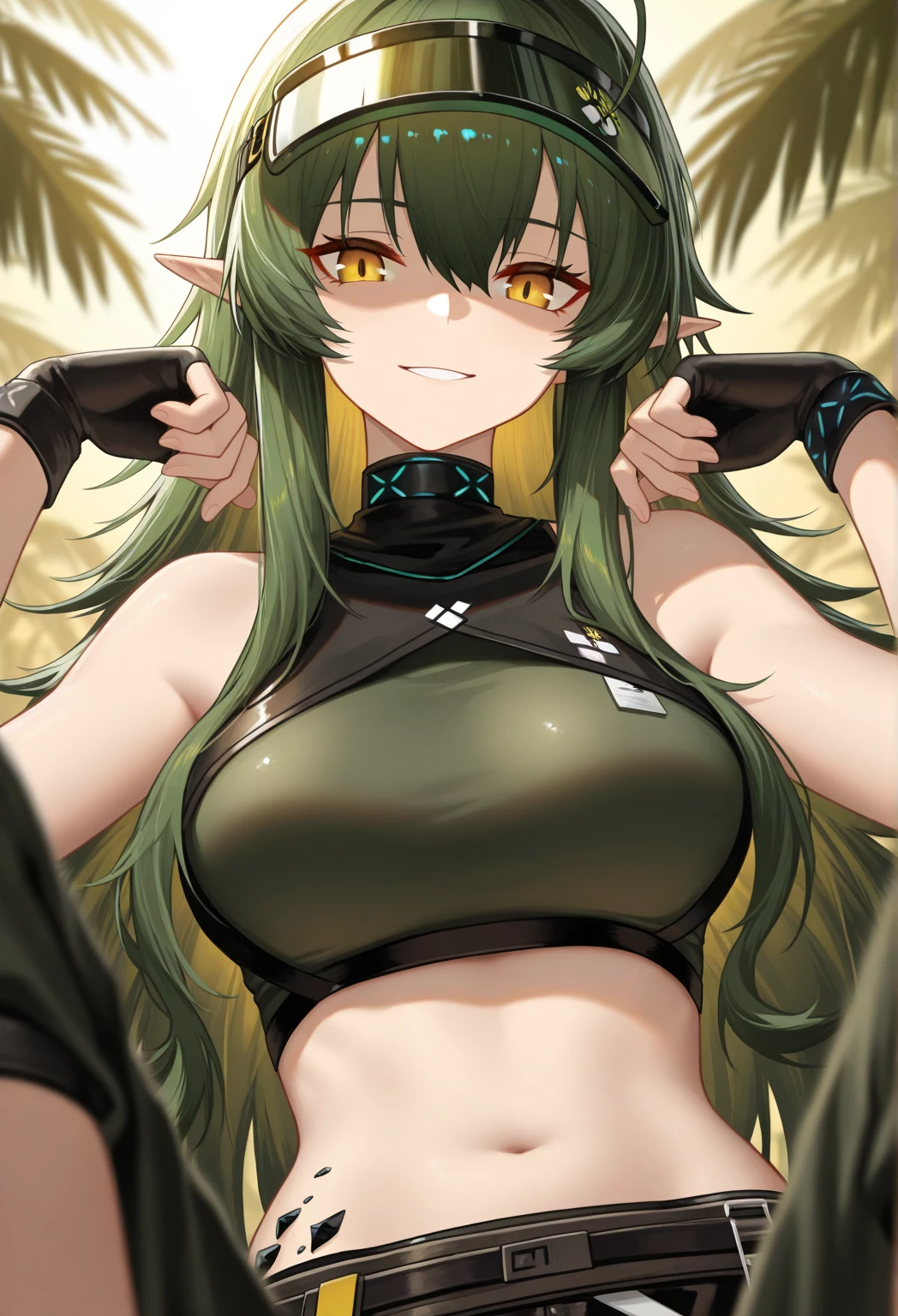 ((Seductive Anime Girl:1.3, solo:1.5))、((fusion of animal and girl:1.3))、((animal tail))、((Glossy realistic skin texture))、((Being in forest:1.3)), ((erect nipples))、((dynamism posing:1.3))、((open clothes:1.2))、((crop top navel:1.2))、((huge breasts:1.3))、((huge hip:1.3))、((highleg:1.3))、((wedgie:1.2))、((cleavage:1.2))、ultra-detailliert, hiquality, Top image quality, digitial illustration, Smooth texture、shiny skin、((sleeveless:1.2))、Sharp Focus