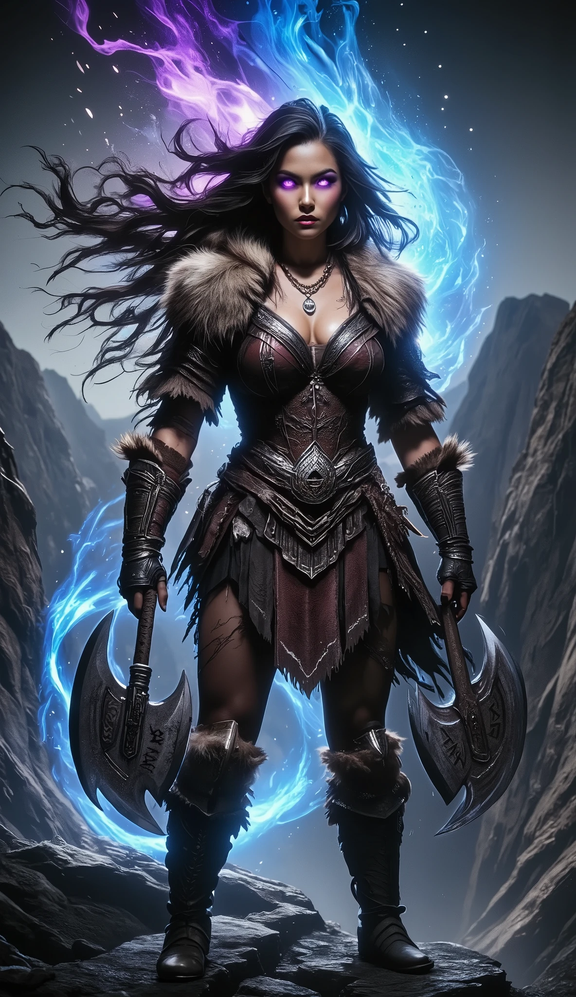 A powerful curvy and muscular barbarian woman standing on a cliff, wearing fur-trimmed leather armor with metal accents. Her long wild hair flows in the wind, and her eyes glow with a fierce magical light. A vibrant magical aura surrounds her body in swirling patterns, glowing with blue and violet energy. She holds a massive double-headed axe, runes floating around her. Epic fantasy style, ultra-detailed, dramatic lighting, cinematic mood.