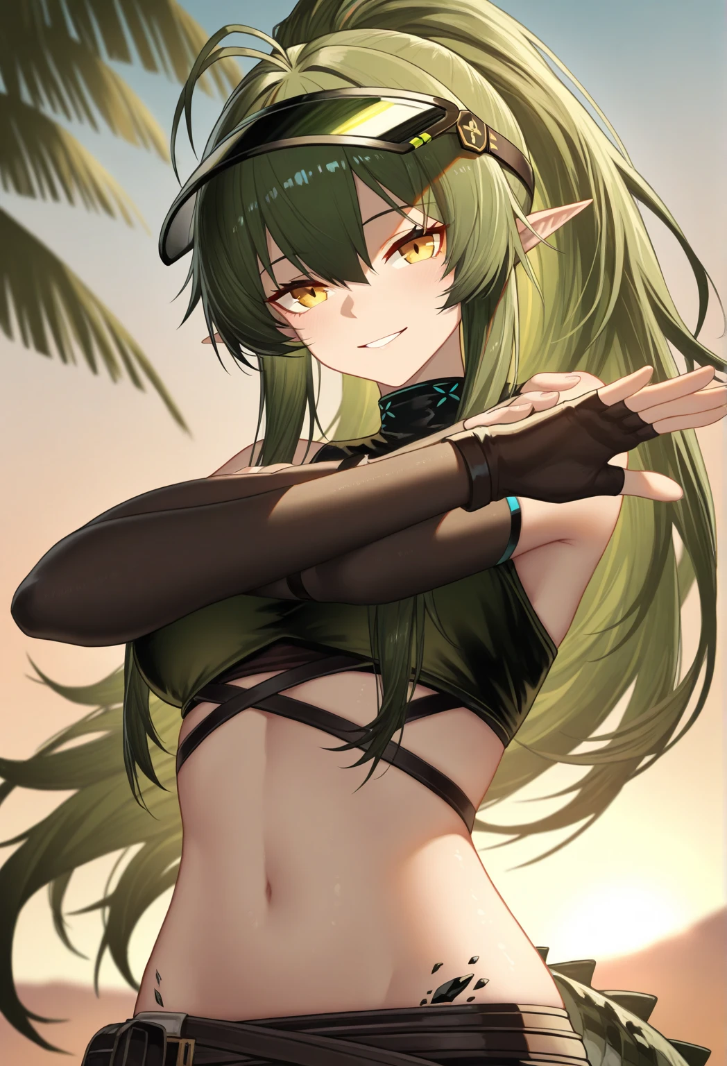 a beautiful goblin girl, His skin is a dark green tone, soft and slightly flaky. Her eyes shine with a green gleam and her black hair cascades over her shoulders.. He has a thin body, agile and slightly, with subtle curves that highlight your femininity. He wears a brown loincloth that barely covers his thighs.. Although its beauty is surprising, You can't help but feel a strange attraction towards her., as if his presence called you in some way. And looks at you with lust